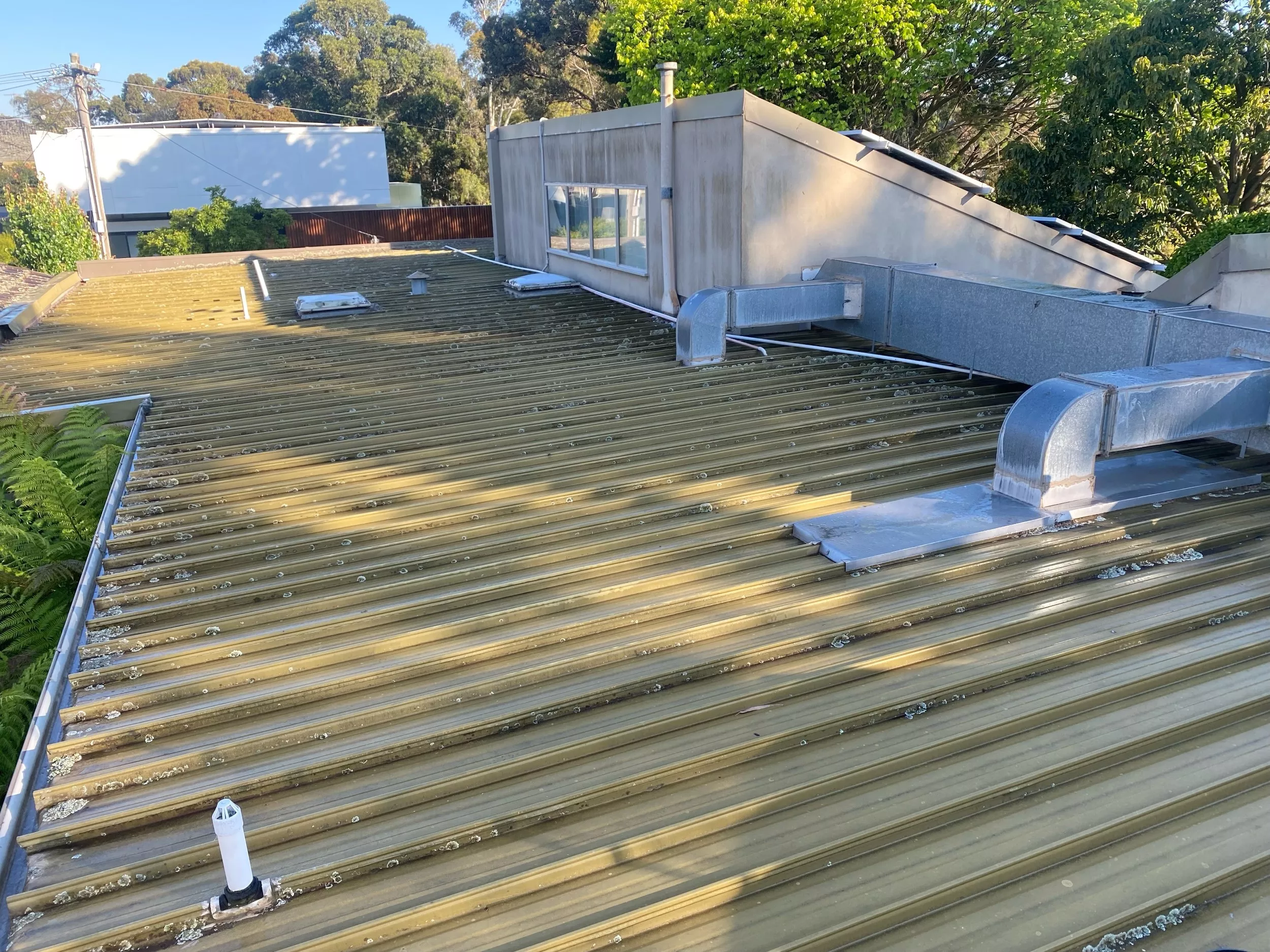 Close-up image of a Colorbond roof before restoration